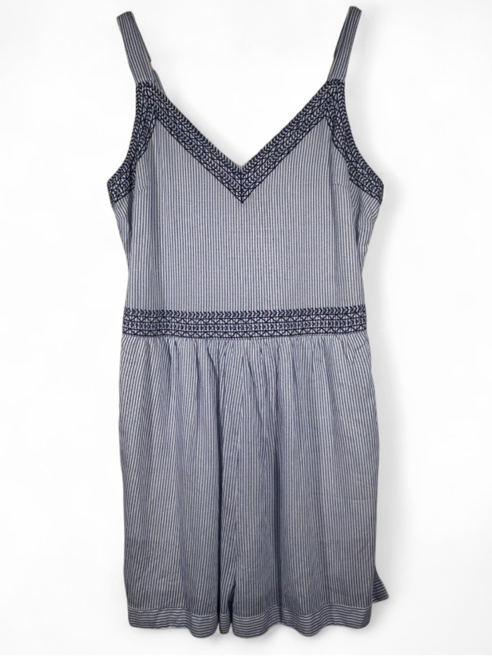 Japna striped romper, spaghetti straps, embroidered details, pockets, size M